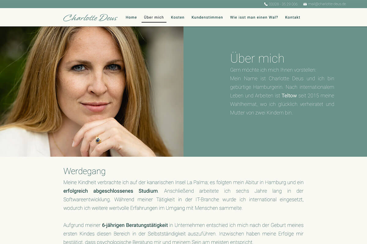 Screenshot der Seite "Über mich" von der Webseite der Psychotherapeutin Charlotte Deus in Potsdam.